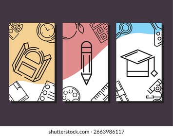 Volver a la escuela plana de dibujos animados conjunto de tres Ilustraciones vectoriales de poste de Vertical