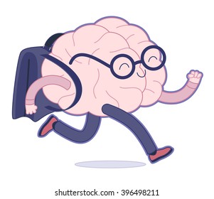 Back to school flat cartoon vector illustration - a brain wearing glasses running with a schoolbag. Part of a Brain collection.