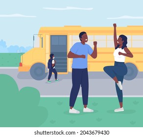 Back to school flat color vector illustration. Happy young parents sending child to preschool. Wife and husband enjoy freetime. Family 2D cartoon characters with landscape on background