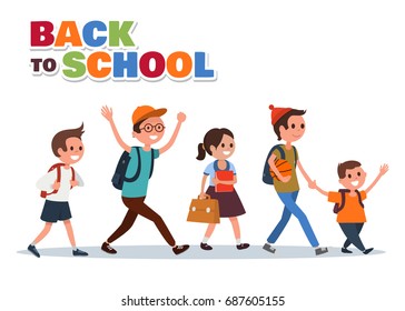 Back to school flat colorful illustration. Group of kids with backpacks go to school. Cartoon style. Vector eps 10.