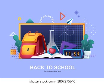 Back to school flat concept with gradients. Elementary schools education web template. Shopping school supplies, welcome to lessons, backpack and textbook 3d composition, vector illustration.