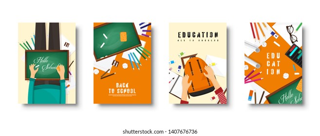 Back to school flat covers set. Online education and study. Teacher, student.