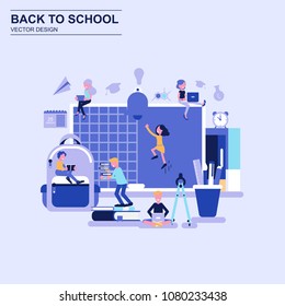 Back to school flat design concept blue style with decorated small people character. Conceptual vector illustration for web design, marketing, graphic design.