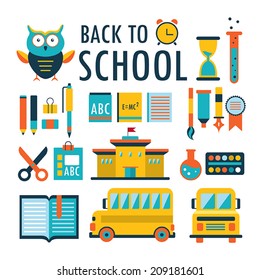 Back to school. Flat design icons set isolated on white. Vector illustration. Part 2