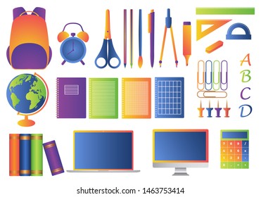 Back to school flat design modern vector illustration background with education icon set. School supplies : schoolbook, notebook, pen, pencil,  school bag etc. - Vector