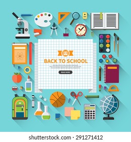 Back to school flat design modern vector illustration background with education icon set. School supplies : schoolbook, notebook, pen, pencil, paints, stationary, training aids, ball, school bag etc.