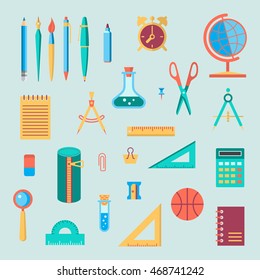 Back to school flat design modern color vector icon set. School supplies : schoolbook, notebook, pen, pencil, brush, scissors, ball, pencil case, globe, ruler etc.