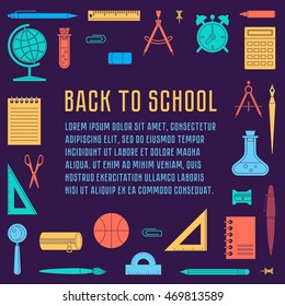 Back to school flat design modern color vector background. School supplies : schoolbook, notebook, pen, pencil, brush, scissors, ball, pencil case, globe, ruler etc.