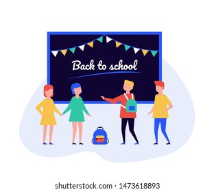 Back to school - flat design style illustration on white background. High quality composition with students, children standing at the blackboard in the classroom. Education, new academic year concept