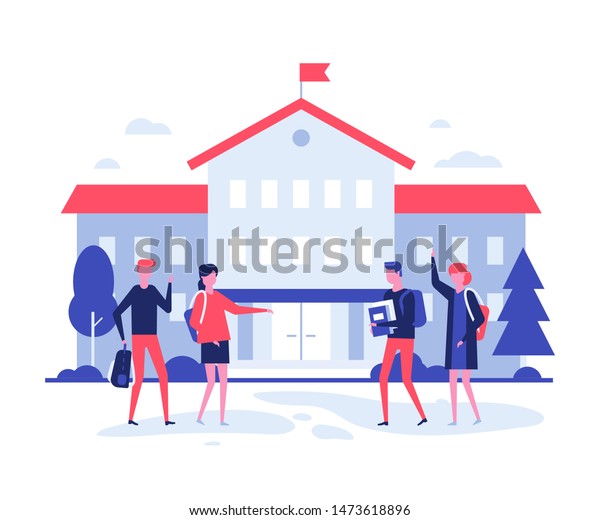 Back to school - flat design style illustration on\
white background. High quality composition with male, female\
students, teenagers with books and bags at the building before\
lessons. Education theme