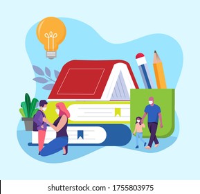 back to school, flat design, vector illustration of parents are taking their children to school and stay safe using face mask.