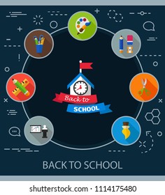 Back to school flat icons concept. Vector illustration. Element template for design.