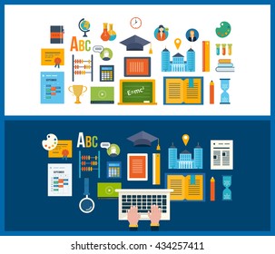 Back to school flat icons design. Set of distance education and e-learning. Online course from universities and colleges proposes video-on-demand, forum, communication.
