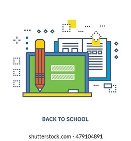 Back to school flat icons design. Set of distance education and e-learning. Online course from universities and colleges proposes video-on-demand, forum, communication.