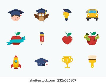 Back to School flat icons set. School element icon learning concept symbols and objects collection. Vector Illustration