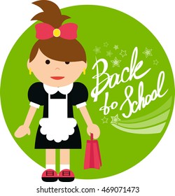 Back to school flat illustration. Banner with pupil and handwritten lettering. Schoolgirl with schoolbag. Motivational quote for students and pupils.
