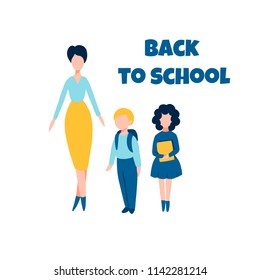 Back To School Flat Illustration With Female Teacher And Two School Children - Boy With Backpack And Girl With Books In Hands. For September 1 Day Or Starting New Academic Year Poster, Banner, Logo