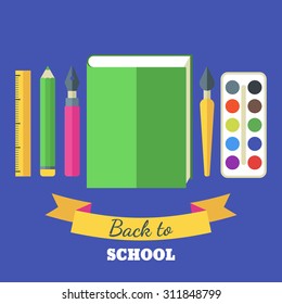 Back to school flat illustration. Green big book, tools and art supplies for design, drawing, painting. Vector stationery icon set of pen, pencil, brush, paints, ruler. 