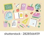 Back to School Flat Lay set. School supplies, chalkboard, apple, pencils, pencil case, notebook, paper airplane, to do list, set square, ruler, eraser, world map, calendar, backpack, doodles. Top view
