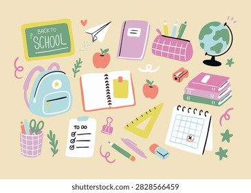 Back to School Flat Lay set. School supplies, chalkboard, apple, pencils, pencil case, notebook, paper airplane, to do list, set square, ruler, eraser, world map, calendar, backpack, doodles. Top view