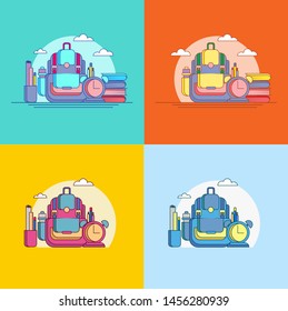 Back to School Flat Line Vector Illustration with School items and Element on Isolated Background.