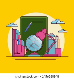 Back to School Flat Line Vector Illustration with School items and Element on Isolated Background.