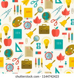 Back to school flat seamless pattern with colorful supplies on light background vector illustration