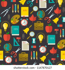 Back to school flat seamless pattern with colorful supplies and elements on dark wooden background vector illustration