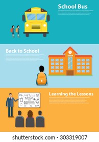 Back to School flat style design. Learning the lessons, school bus, school