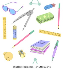 Back to School. Flat style seamless pattern. Vector set of school items. School illustration.	