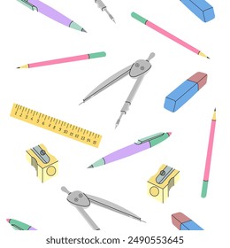 Back to School. Flat style seamless pattern. Vector set of school items. School illustration.	