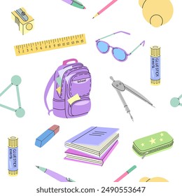 Back to School. Flat style seamless pattern. Vector set of school items. School illustration.	