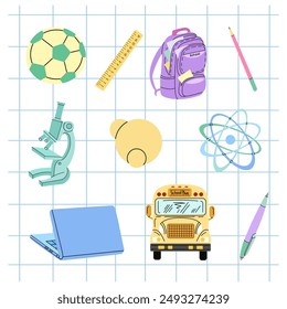 Back to School, flat style  school supplies set.  School object collection. Education Concept. Vector illustration. Back to School.