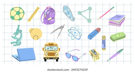 Back to School, flat style  school supplies set.  School object collection. Education Concept. Vector illustration. Back to School.