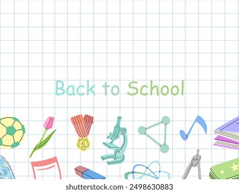 Back to School, flat style school supplies, template. Doodle lettering and school object collection. Education Concept. Back to School.	