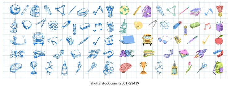 Back to School, flat style  school supplies set.  School object collection. Education Concept. Vector illustration. Back to School.