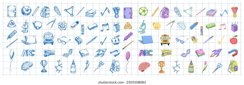 Back to School, flat style  school supplies set.  School object collection. Education Concept. Vector illustration. Back to School.
