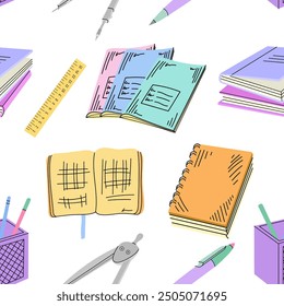 Regreso a la escuela, estilo plano escolar suministros sin patrón. Colección de objetos escolares. Concepto de Educación. Regreso a la escuela.	