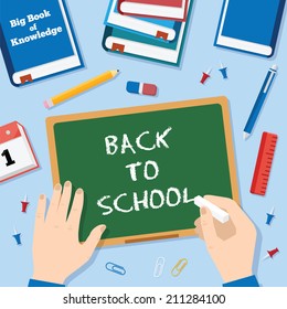 Back to School Flat Style Vector Background With Chalk Blackboard Pins Clips Pen Pencil and Books