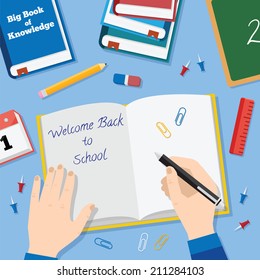 Back to School Flat Style Vector Background With Books Pencils Pen and Other Stationary