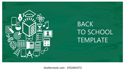 Volver al fondo del vector plano de la escuela. Iconos blancos de los suministros escolares en la pizarra de la escuela de tiza verde. Enseñanza primaria y secundaria, enseñanza escolar.