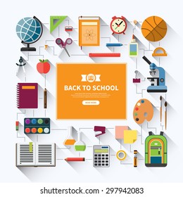 Back to school flat vector background with education icon set. School supplies : schoolbook, notebook, pen, pencil, paints, stationary, training aids, school bag etc. Isolated on white background