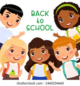 Back to school flat vector banner template. Cheerful pupils celebrating first of September. Happy schoolmates, friends with backpacks waving hands. Greeting card, postcard, poster design layout