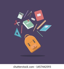 back to school. flat vector illustration. backpack and school supplies