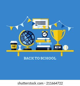 Back to school flat vector illustration with desk and school supplies. Creative design elements for websites, mobile apps and printed materials