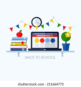 Back to school flat vector illustration with desk and school supplies. Creative design elements for websites, mobile apps and printed materials