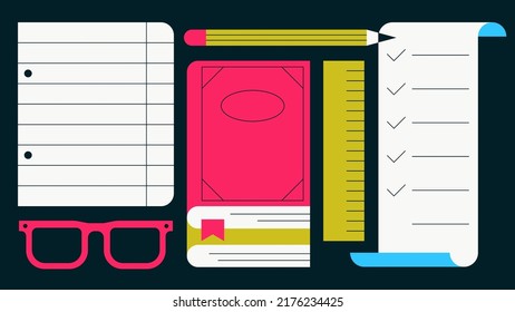 Back To School Flat Vector Illustration. Textbook Page With Glasses, Stack Of Books, Ruler, Pencil And List Of School Supplies. Getting Ready For School Concept. Simple Colourful Cartoon Design.