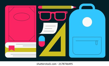 Back to school flat vector illustration. Backpack with glasses, stack of books, ruler, pencil and sticky note and eraser. Getting ready for school concept. Simple colourful cartoon design.