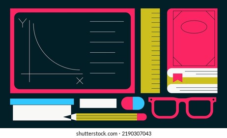 Back to school flat vector illustration. Blackboard with glasses, stack of books, ruler, pencil, eraser. Study class, education concept. Simple colourful cartoon design.