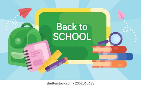 Back To School Flat Vector Illustration. Cute banner for articles, websites, mobile apps. School board, school bag, diary, ruler, pencil, books, textbooks, magnifier. All elements on different layers
